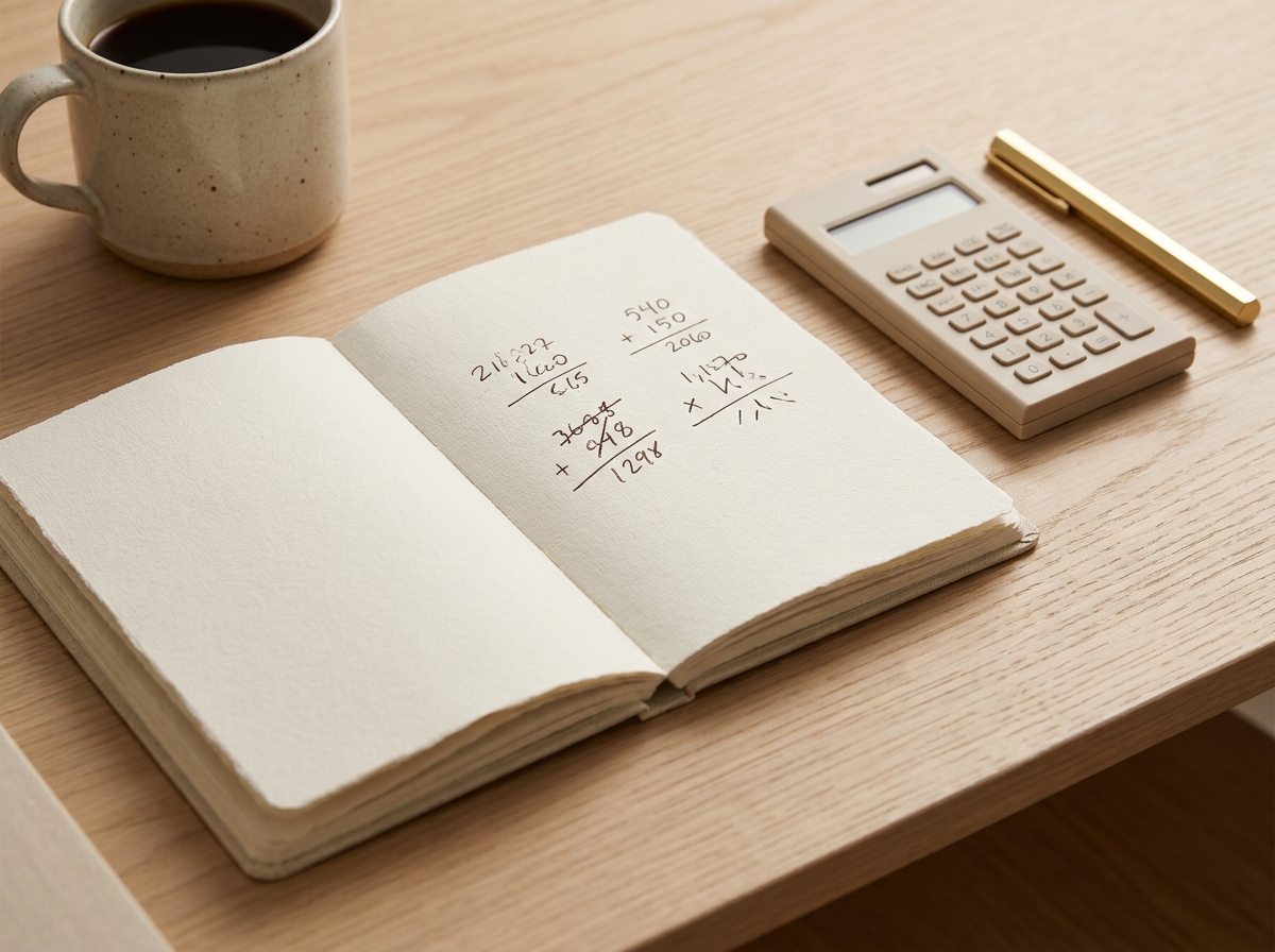 An open notebook and calculator on a desk showing a simple budget calculation