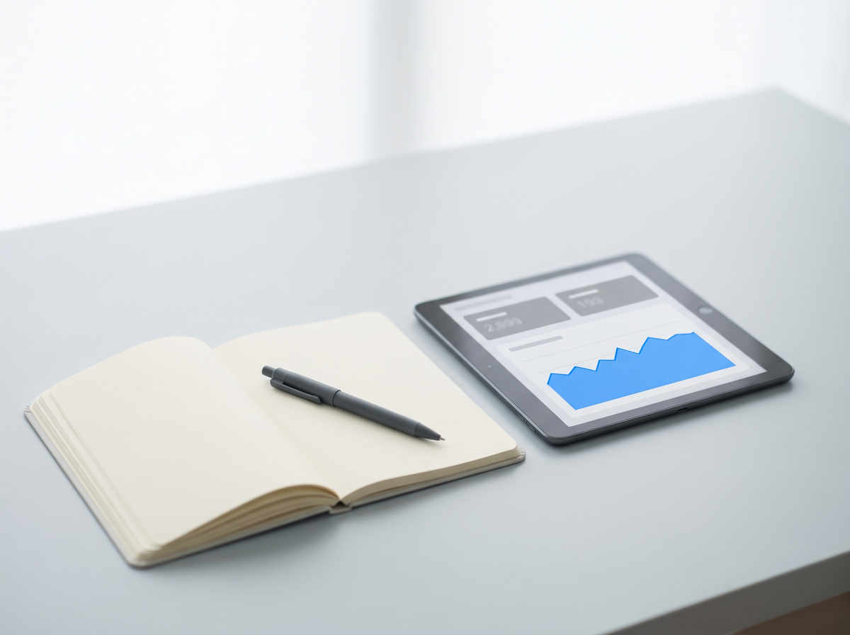 An open notebook and pen on a desk beside a tablet showing a simple performance dashboard