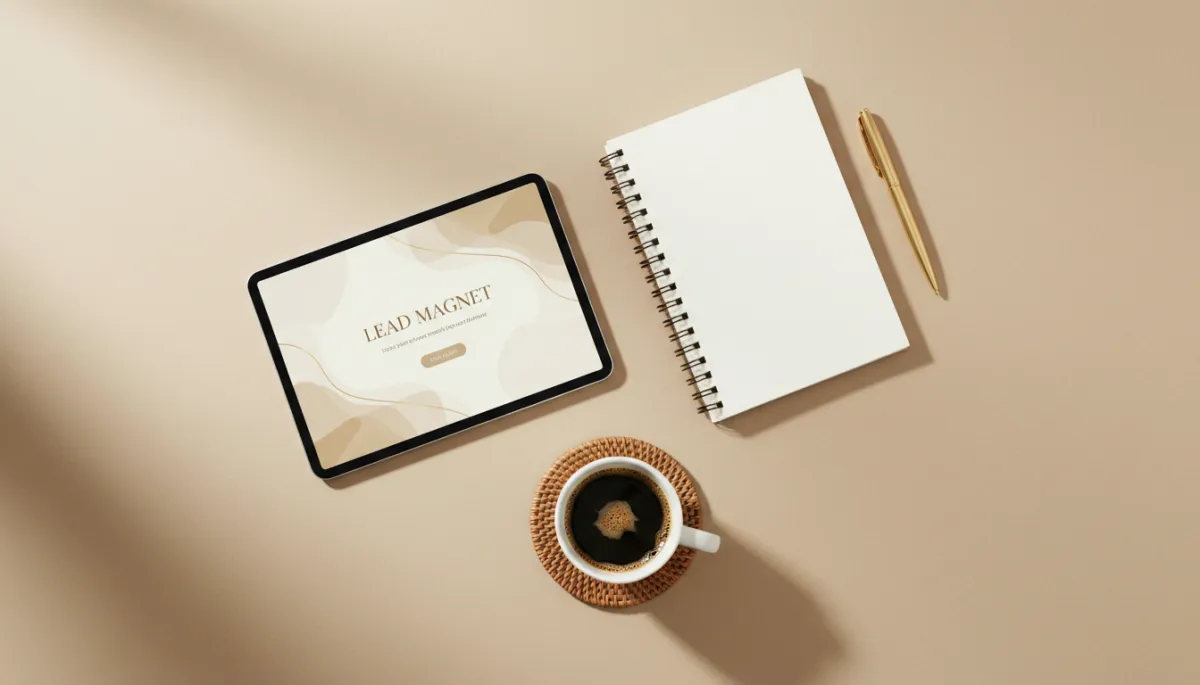 A tablet displaying a lead magnet beside a notebook and coffee