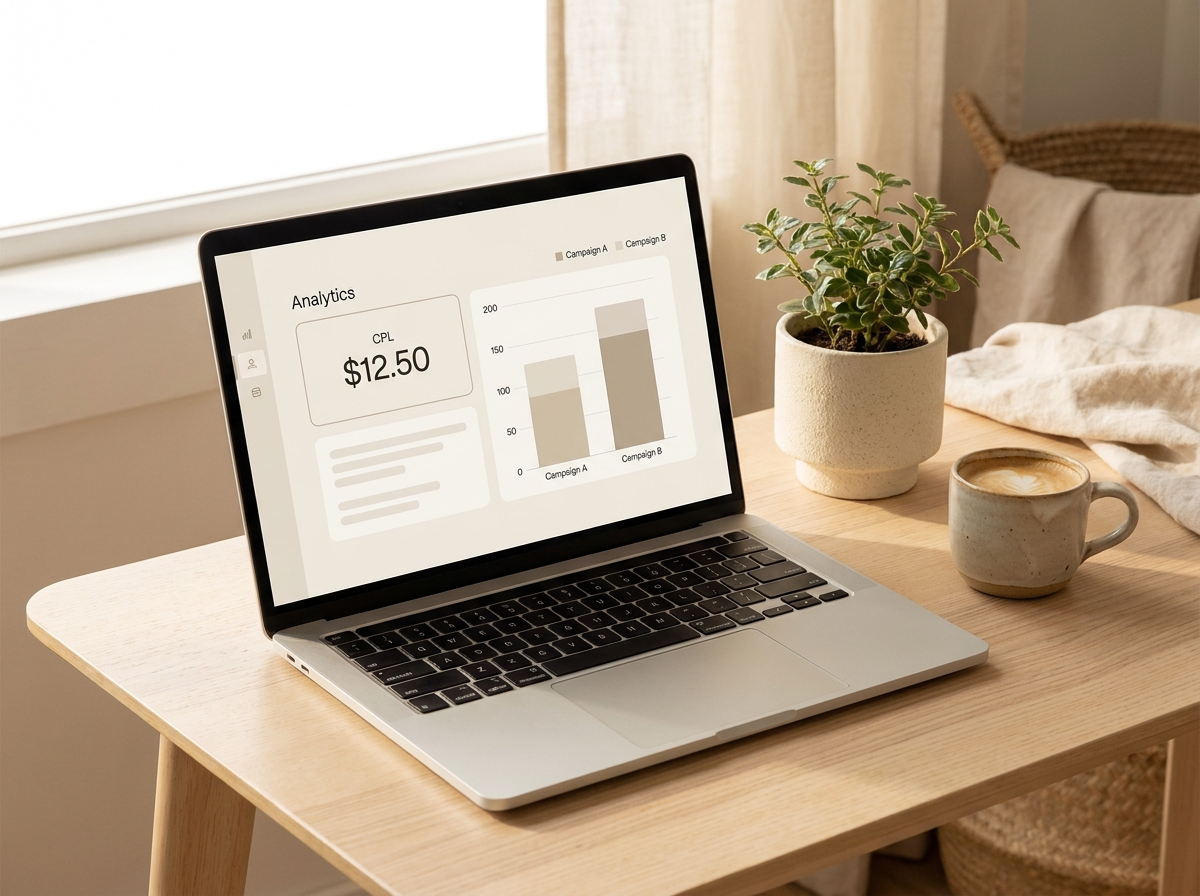 A laptop displaying an analytics dashboard with a cost-per-lead metric and a comparison chart