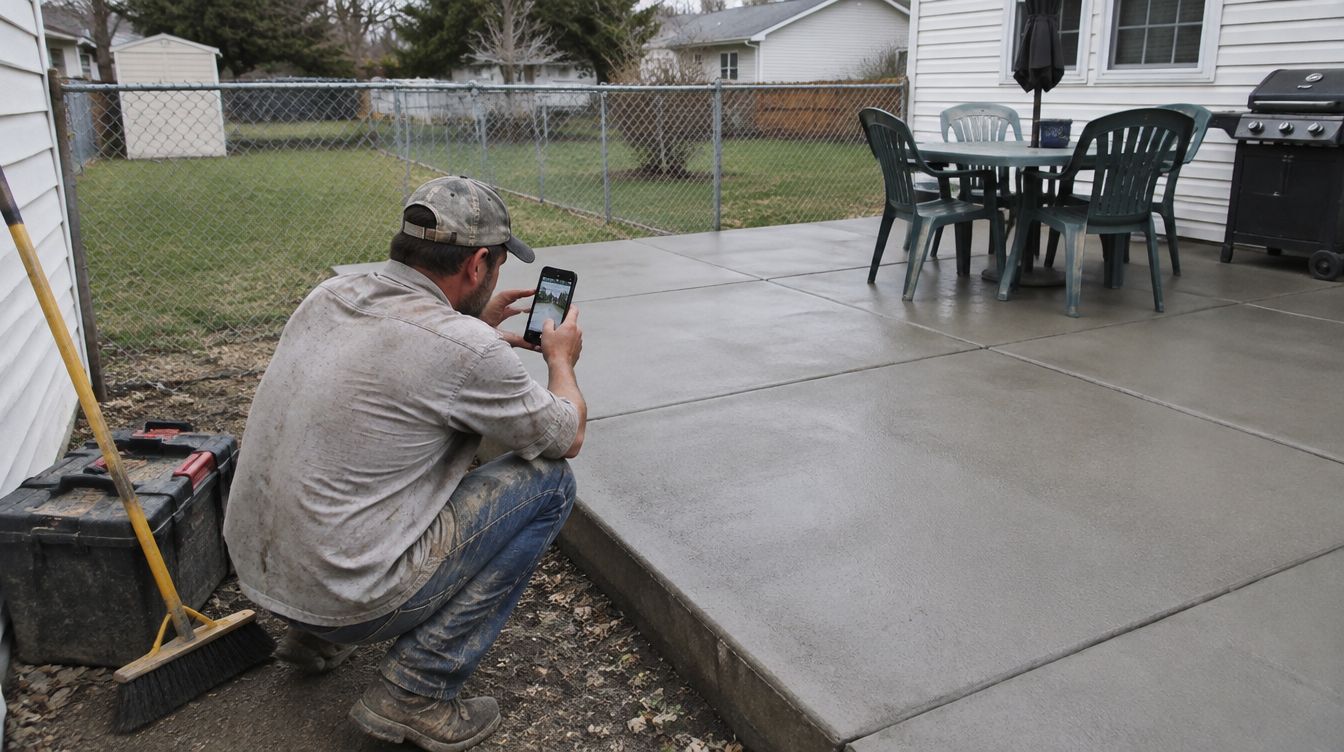 A concrete contractor photographing his finished patio while shaking the homeowner's hand