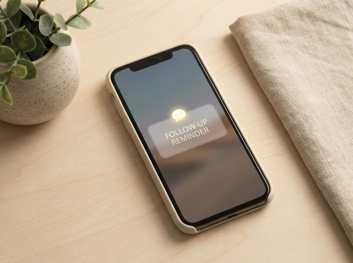 A smartphone on a desk displaying an automated follow-up reminder notification