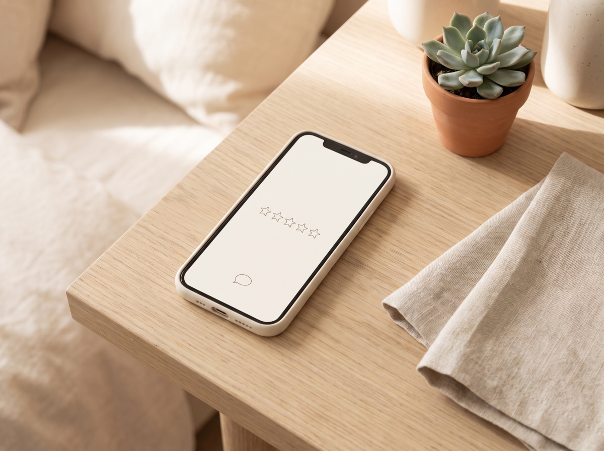 A smartphone on a desk displaying a five-star rating icon and a message bubble