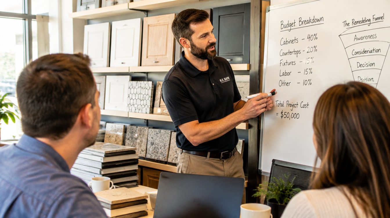 A remodeler walking through a budget breakdown and funnel on a whiteboard during a consultation