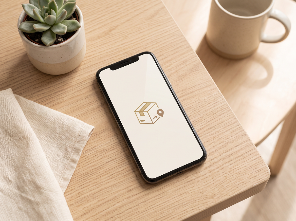 A smartphone on a desk displaying a location pin icon