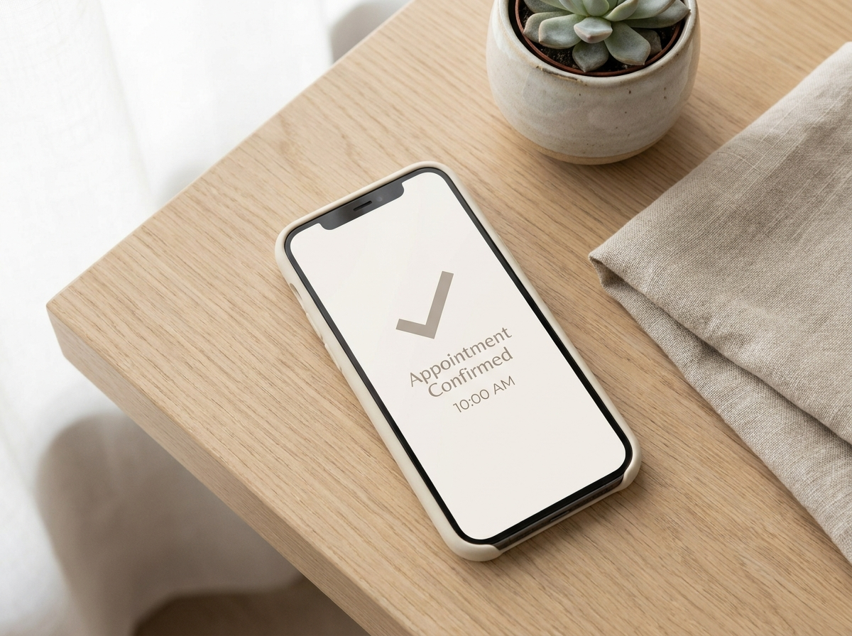 A smartphone on a desk displaying an appointment confirmation screen