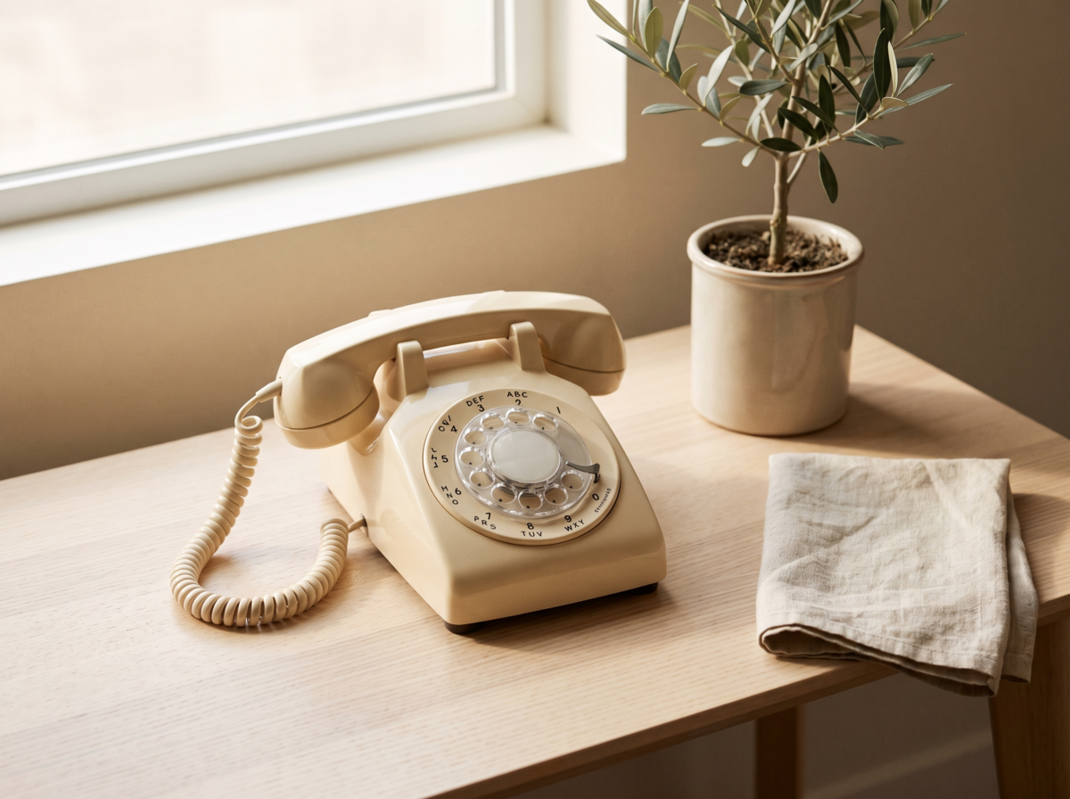A quiet, vintage-style telephone resting on a desk