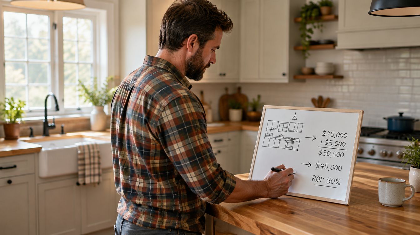 A contractor reviewing simple ROI math on a whiteboard in a finished kitchen