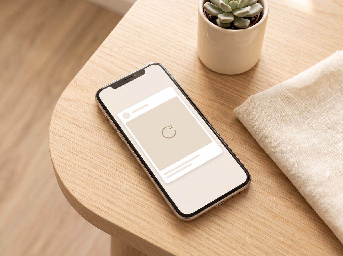 A smartphone on a desk displaying a return arrow icon on an ad card