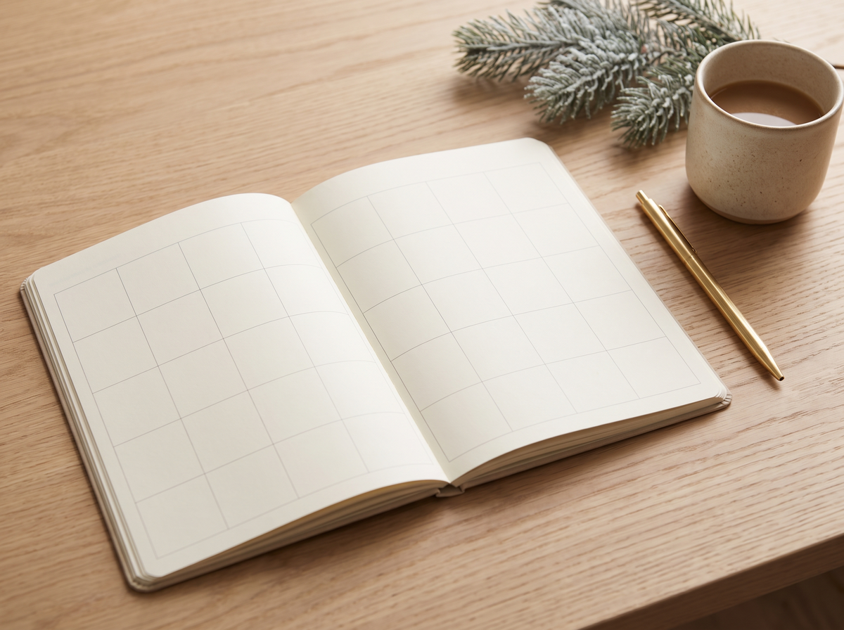 An open planner on a desk beside a coffee cup and a sprig of evergreen
