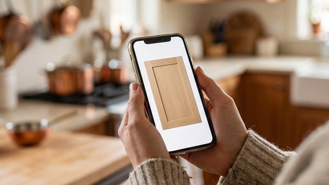 Hands holding a phone showing a cabinet photo, with a finished kitchen blurred behind